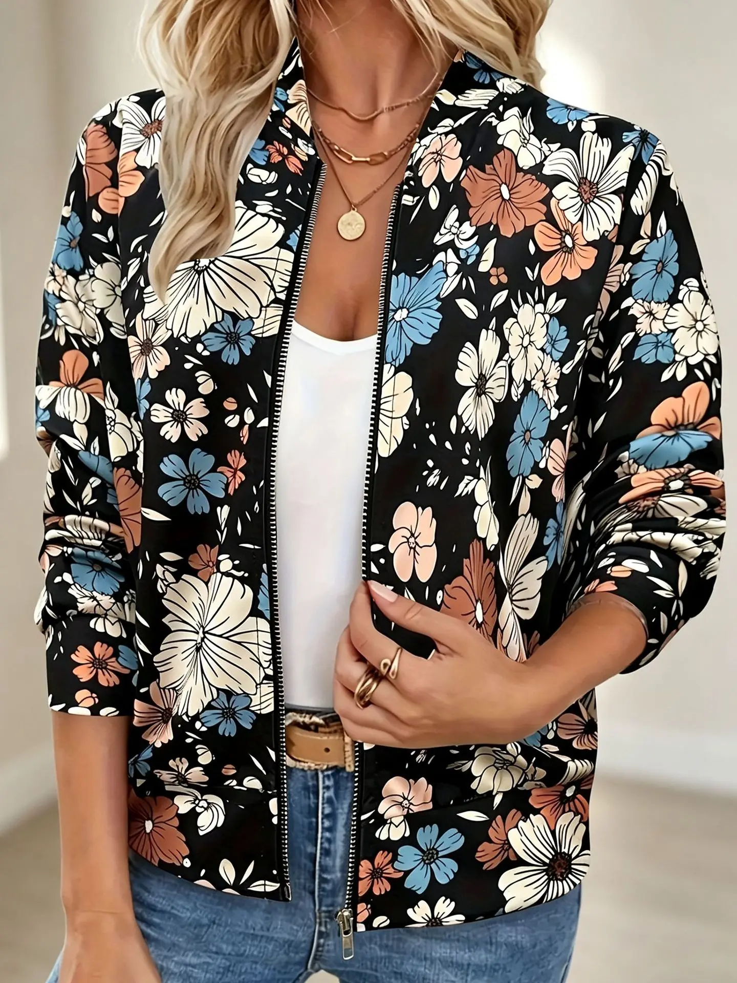 Spring Autumn Women Black Base Floral Printed Zip Up Baseball Jacket Fashion Stand Collar Loose Thin Outer Coat Streetwear