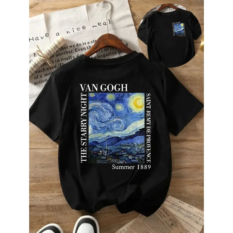 Women Van Gogh Starry Night Print T-Shirt Black Artistic Style Short-Sleeve Crew Neck Top Artistic Four Seasons Fashion T-Shirt