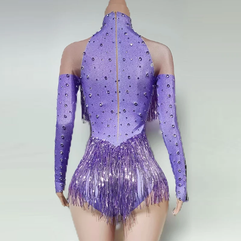 Kostium Drag Queen Fioletowy Kombinezon z Frędzlami i Cyrkoniami Damski Strój do Tańca na Rurze Bar DS DJ Rave Outfit Sceniczny Strój Gogo XS9668