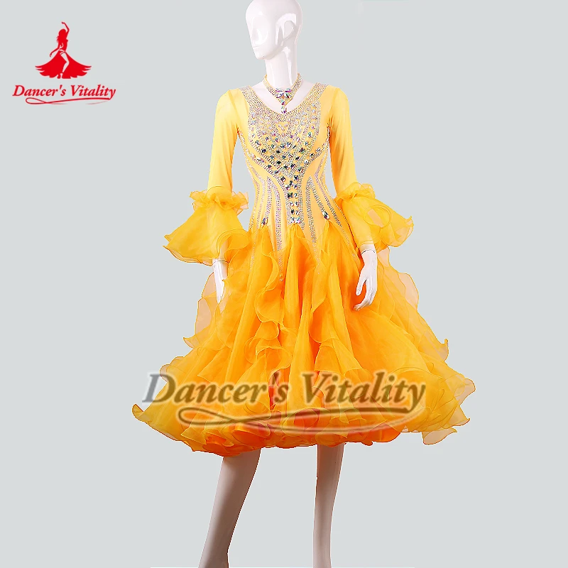 Estilos de remolque, tres colores para elegir, danza Social, lujosos vestidos modernos de competición con piedras AB con collar, personalizados de alta gama