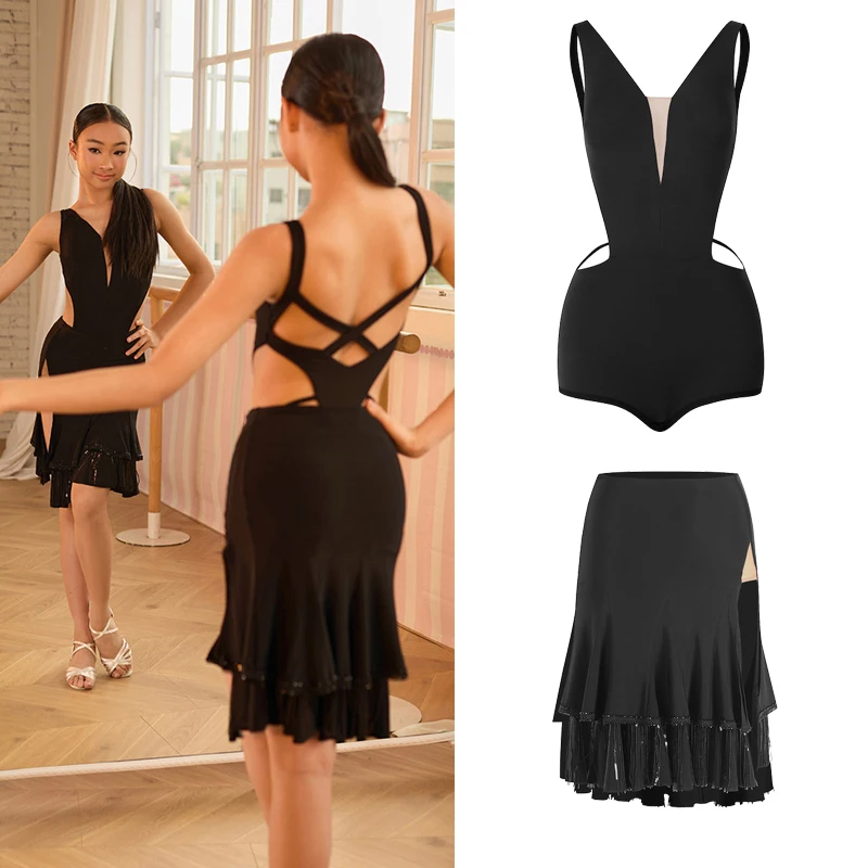 

ZYM New Latin Dance Performance Costumes For Girls Sexy Backless Tops Ruffled Skirt Latin Practice Suit Latin Clothes DQS22910