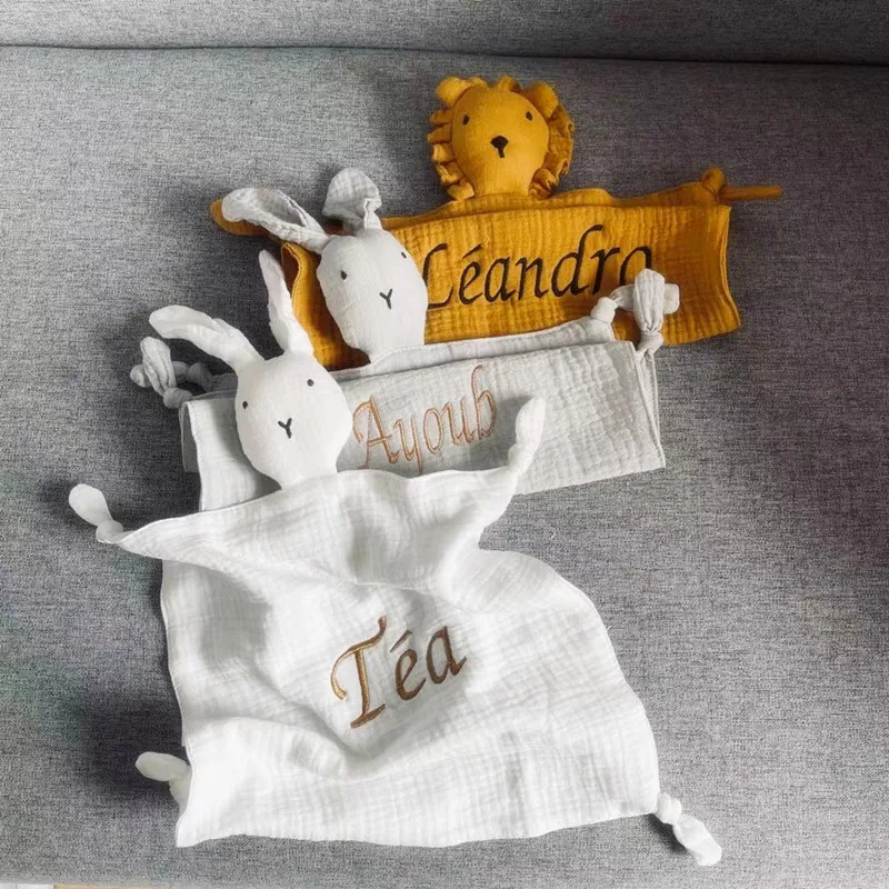 Name Personalized Baby Comforter Blanket Muslin Newborn Sleeping Doll Kid Sleep Toy Soothe Appease Towel Bib Saliva Towel Cotton