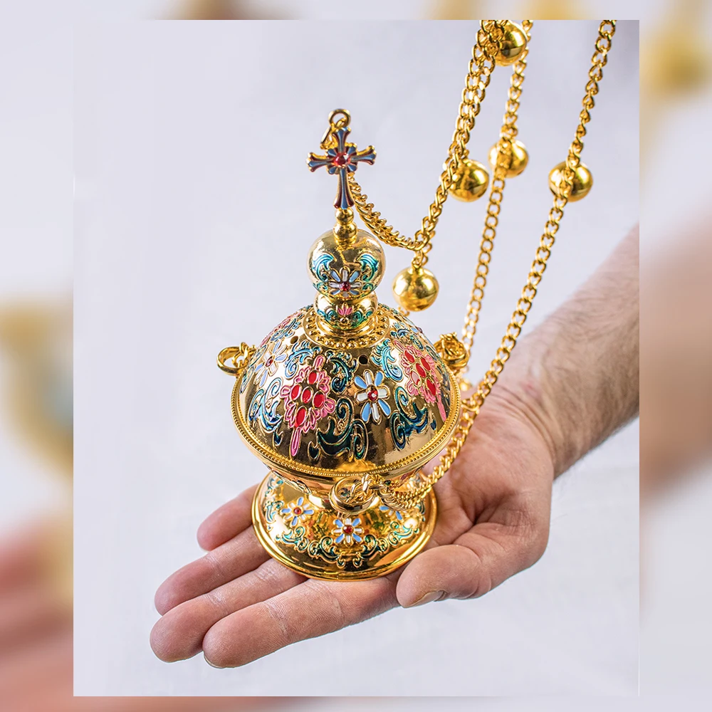 Luxury Gold Cloisonne Orthodox Incense Censer Color Floral Enamel Cross Top Multi Bell Chain Cathedral Altar Liturgical Premium