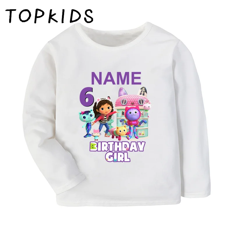 1 2 3 4 5 6 7 8 9 Years Birthday Girls T shirt Cute Gabbys Doll House Customize Name Kids T-shirts Baby Long Sleeve Clothes Gift