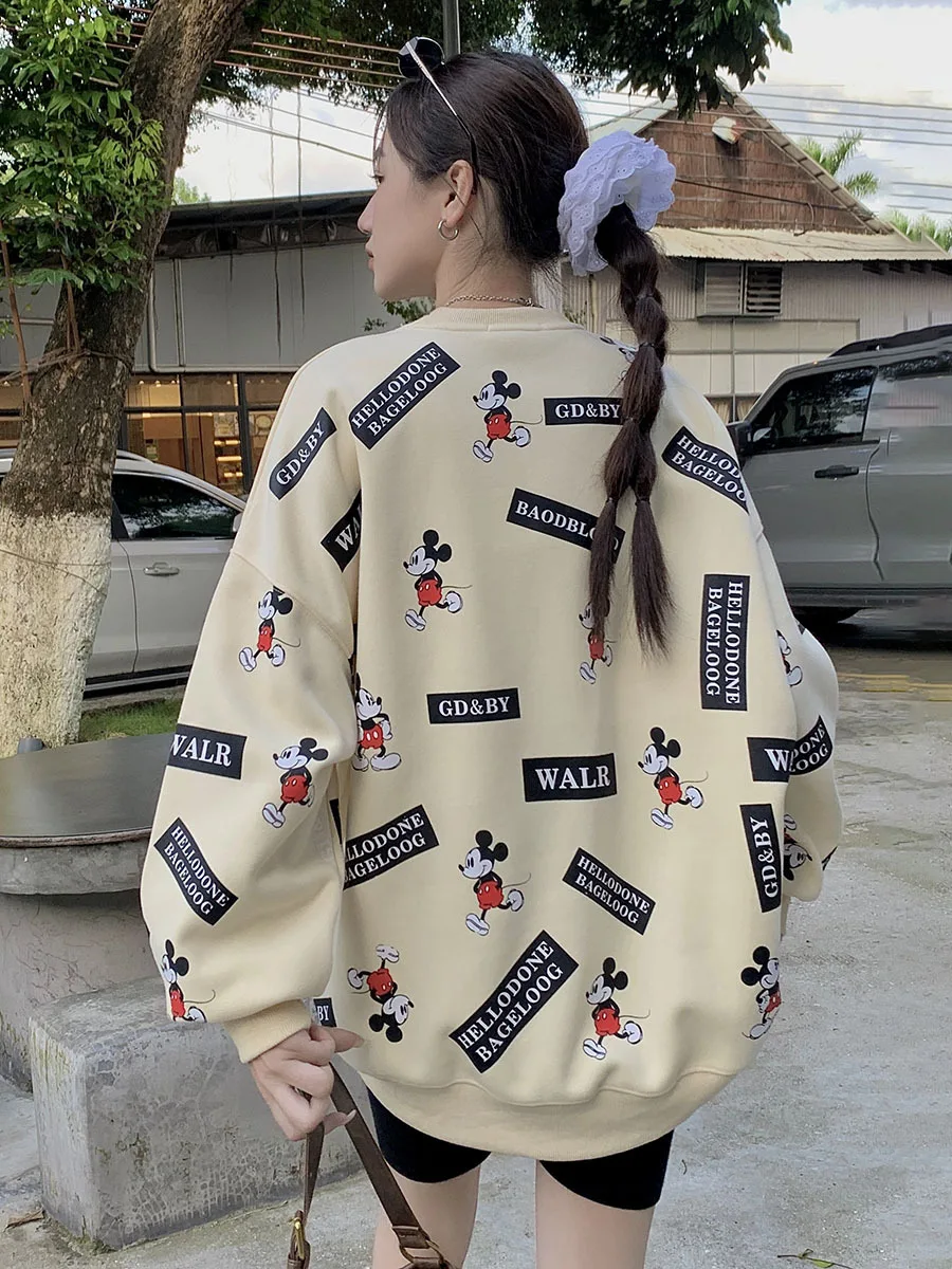 Trendy Fashion Full Printed Cartoon Mid-Length Loose Round Neck Sweatshirt Women 2024 Autumn New Oversized Casual Top Female