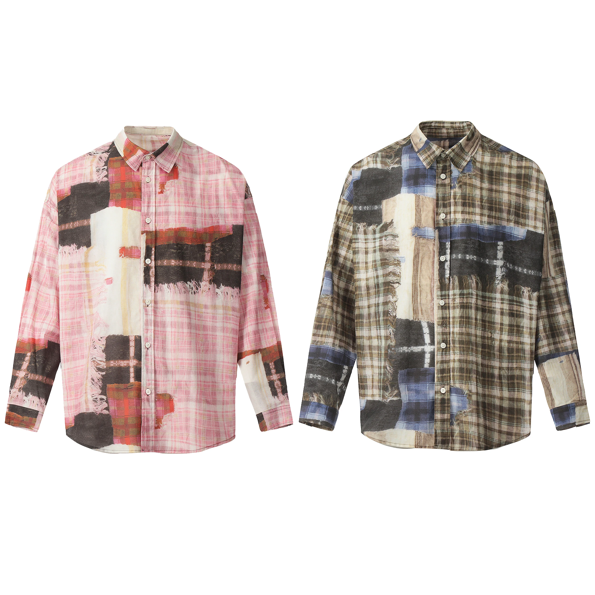 Mens Clothing AC style plaid all-cotton 3D printed pleated men's and women's couples loose long-sleeved shirt ropa hombre