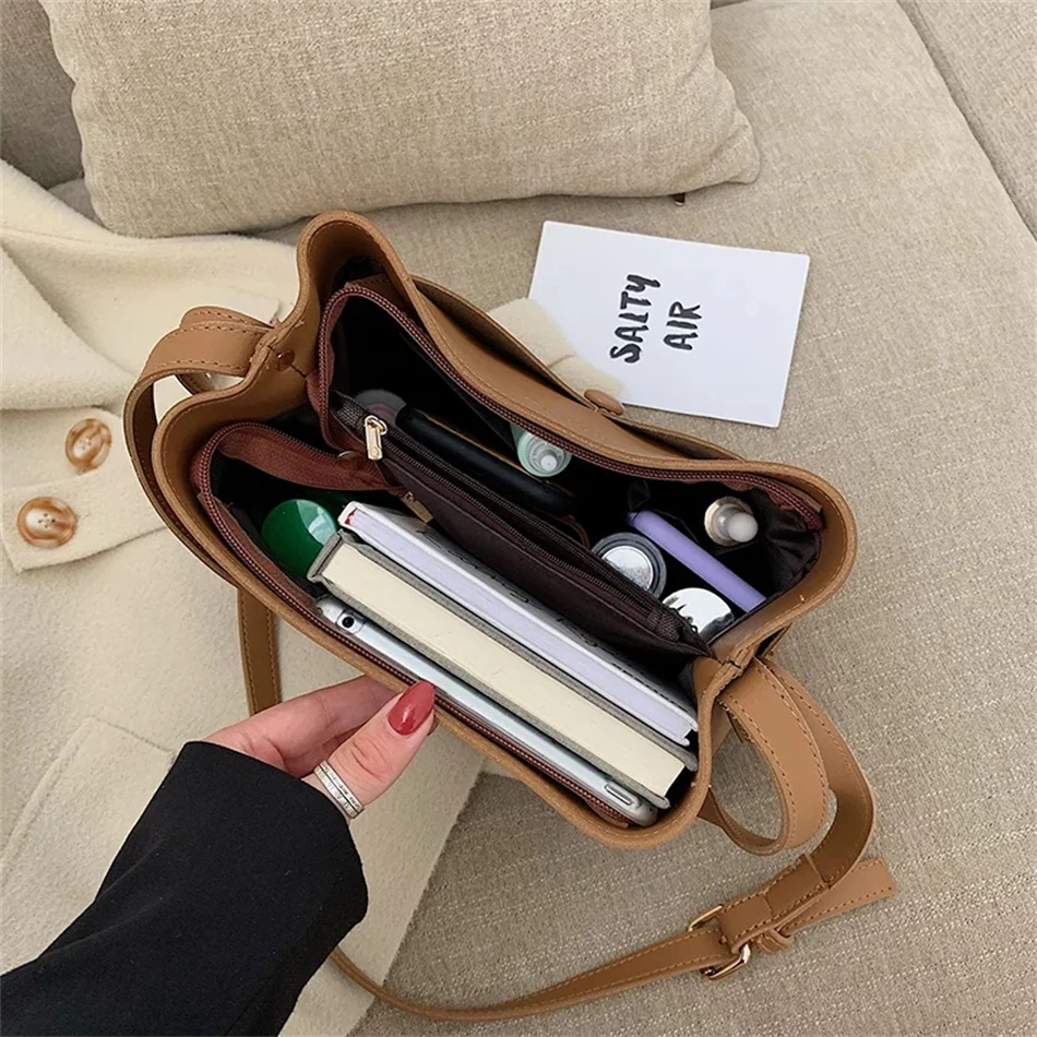 Solid Color Buckets Bag for Women Designer Shoulder Bags Luxury Soft Leather Crossbody Bag Large Capacity Tote Ladies Big Purses