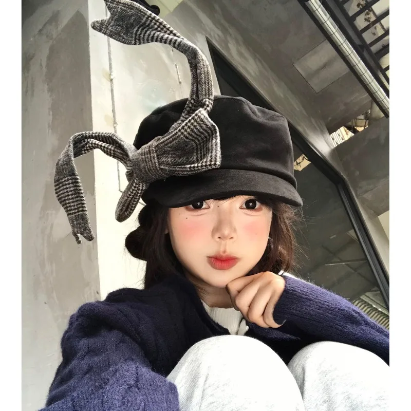 Nischen-Koreanische dreidimensionale Karomuster-Bow-Beret-Mütze, Herbst- und Winter-Modell, personalisierte, warme, literarische Malermütze im britischen Stil für Damen – Detail 1