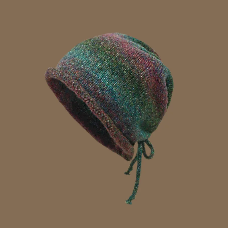 Wool Knitted Drawstring Pile Hat Fashion Gradient Color Adjustable Rope Cap Women's Fall and Winter Pullover Hats