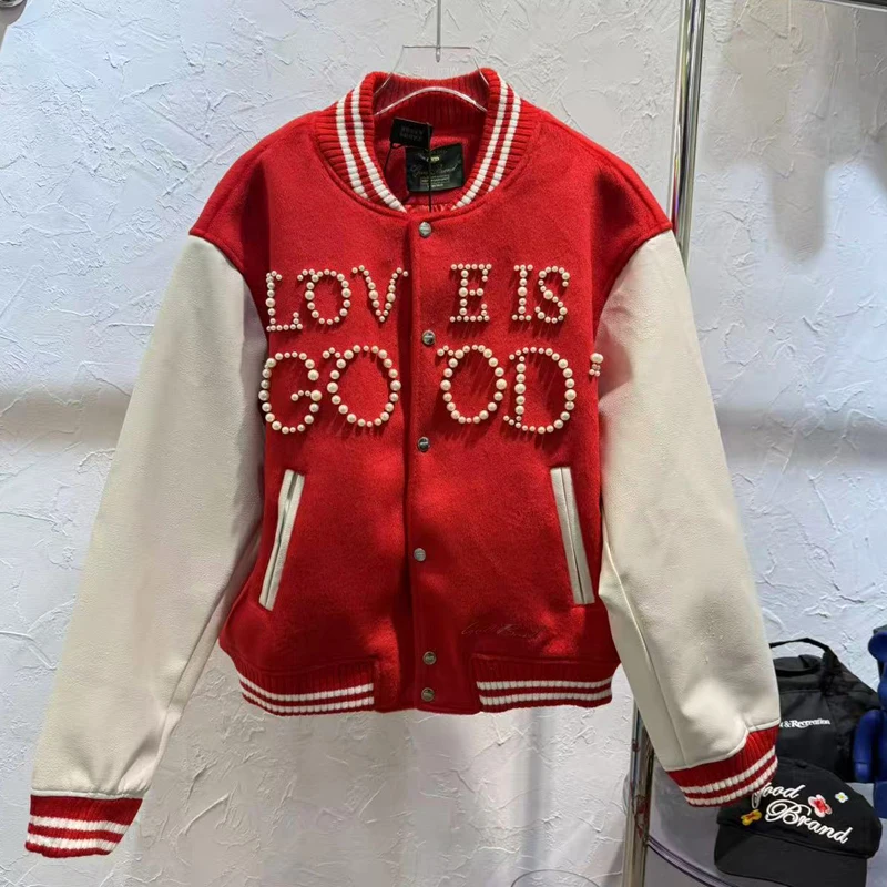 

Классический слоган, одинаковый цвет, бейсбольная куртка GOODBRAND, американская тяжелая ткань, мужской и женский изысканный кардиган с жемчугом, хорошая куртка