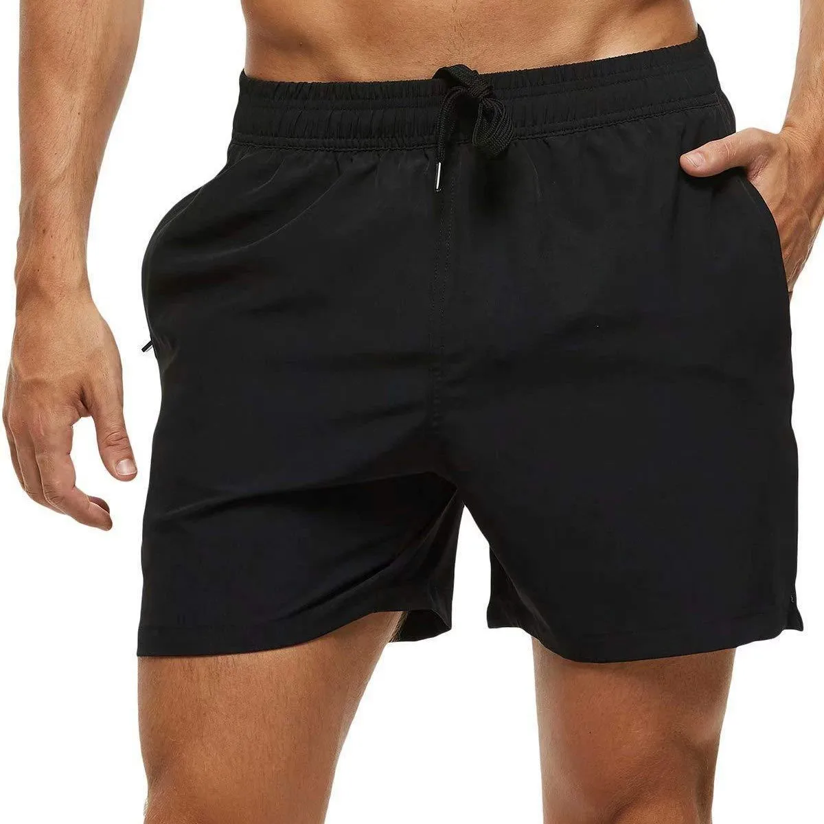 Men's Solid-Color Casual Beach Shorts: Quick-Dry, Zippered Pockets, Mesh Lining for Modesty, 5/8-Length, Drawstring Waistband