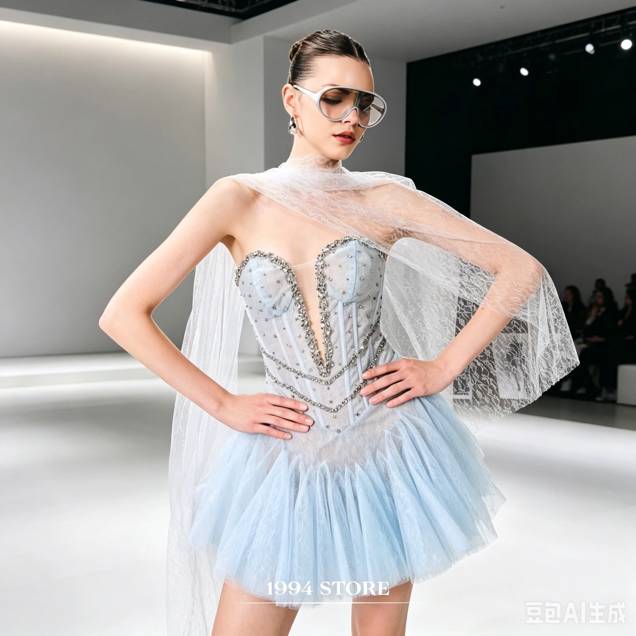 

Sky Blue Strapless Deep V Rhinestone Corset Mini Dress Lace Tulle Tutu Short Cocktail Gown with Sheer Cape for Homecoming Birthd
