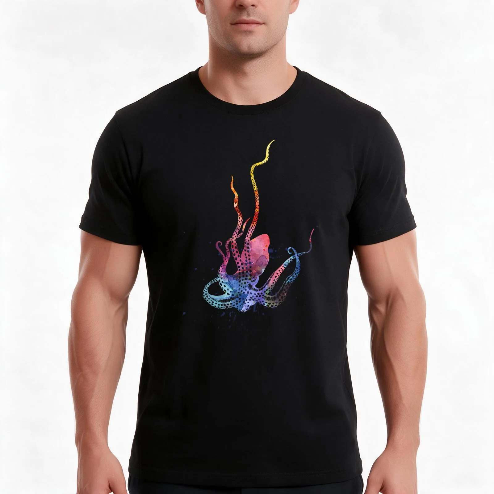 Watercolor Octopus Sea Painting llustration T-Shirt, Summer Casual Cotton Tee, Oversized Streetwear Tops, Vintage Graphic Print