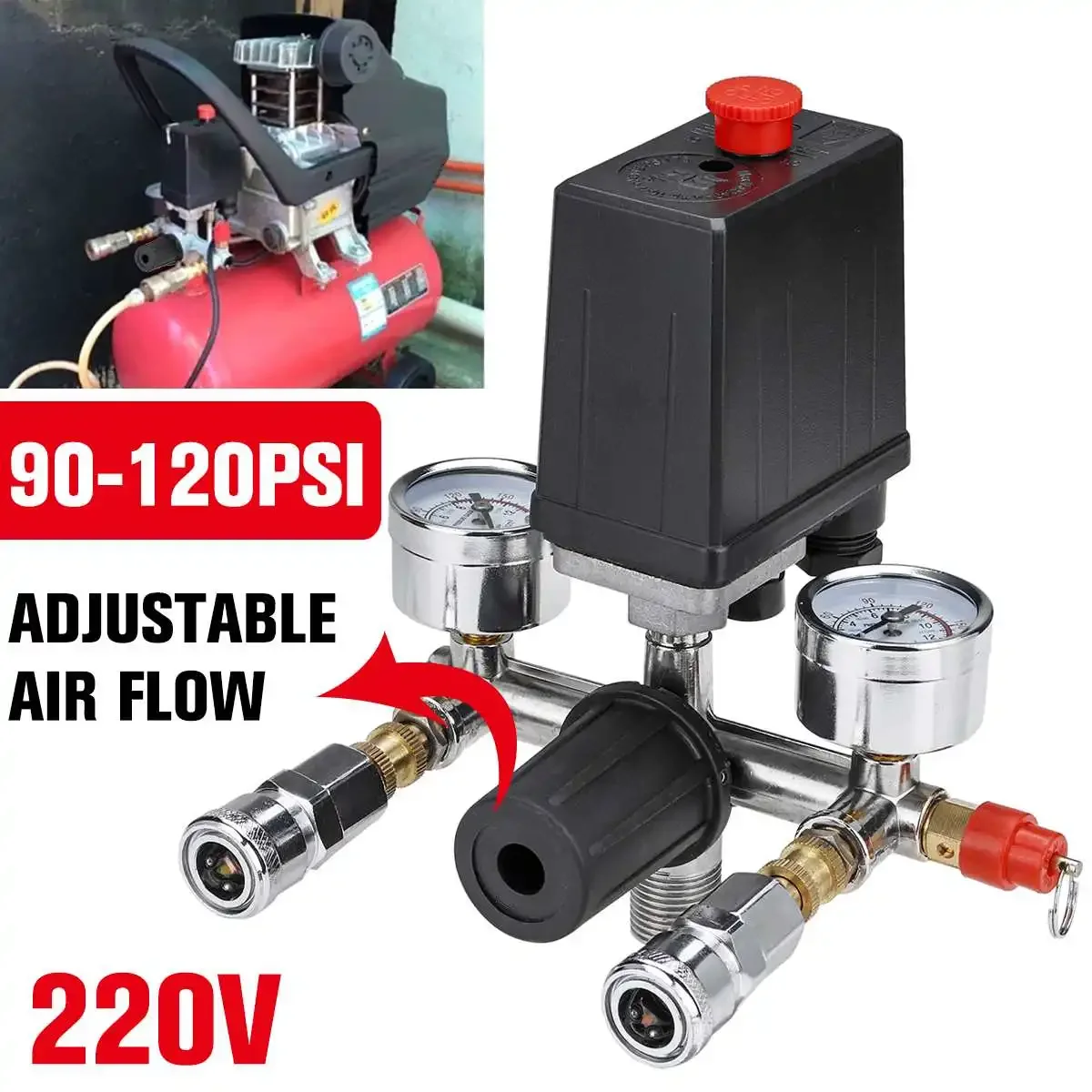 

220V Air Compressor Pressure Switch Valve Pump Aluminium Alloy Control Valve Manifold Relief Regulator with Gauge 0-180 Psi