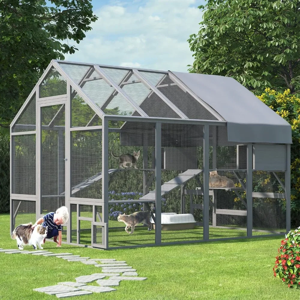 Outdoor Cat Enclosure, Large Cat Catio for Multiple Cats with 7 Platforms, 2 Resting Box and 2 Bridges, Wooden Cat House