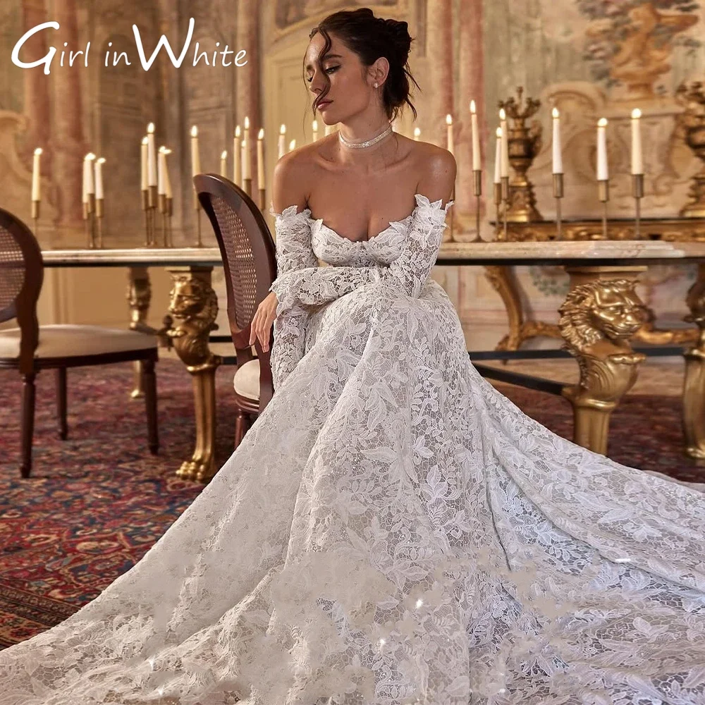 Customized Lace Sweetheart Off Shoulder Long Sleeves Lace 2026 Wedding Dress Backless Ball Gown Bridal Attire Elegant Design