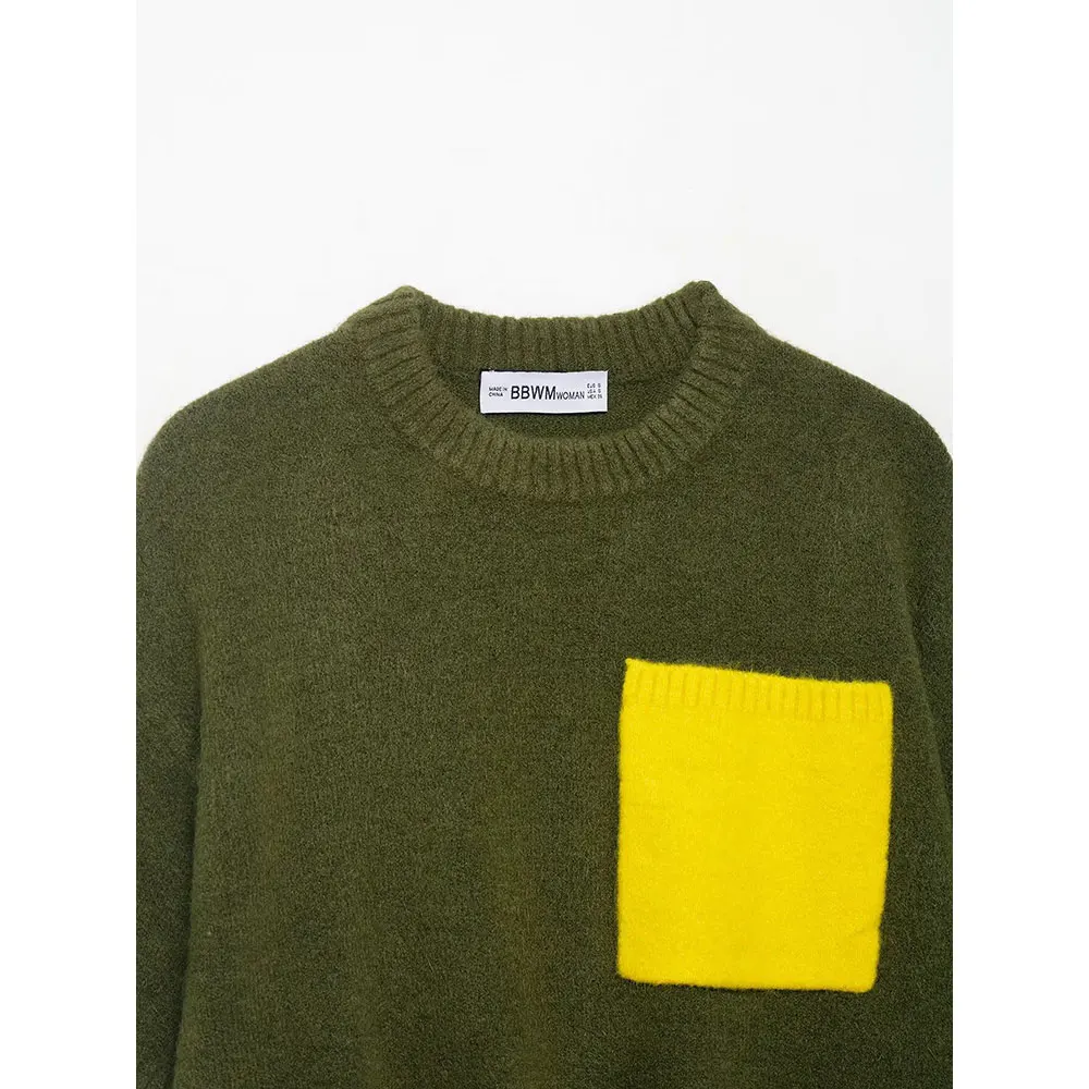 DUOPERI Maglione pullover lavorato a maglia verde da donna Moda con tasche O-Collo Maniche corte Donna Elegante Chic Lady Top