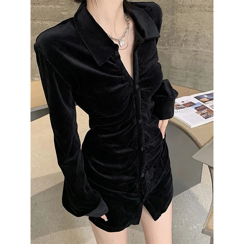 MEXZT Vintage Shirts Women Black Velvet Pleated Blouses Korean Elegant Folds Turn Down Collar Long Sleeve Slim Chic Casual Tops