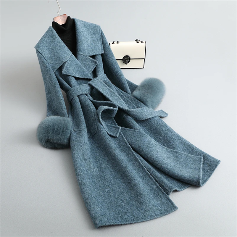 

Aorice Women Luxury Winter Wool Fur Coat Jacket Femal Fox Fur Collar Coats Lady Long Over Size Parka Trench CT21118