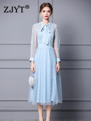 ZJYT Elegant Bow Collar Lace Patchwork Midi Mesh Dresses for Women Party 2023 Designer Long Sleeve Sexy Vestidos De Fiesta Blue