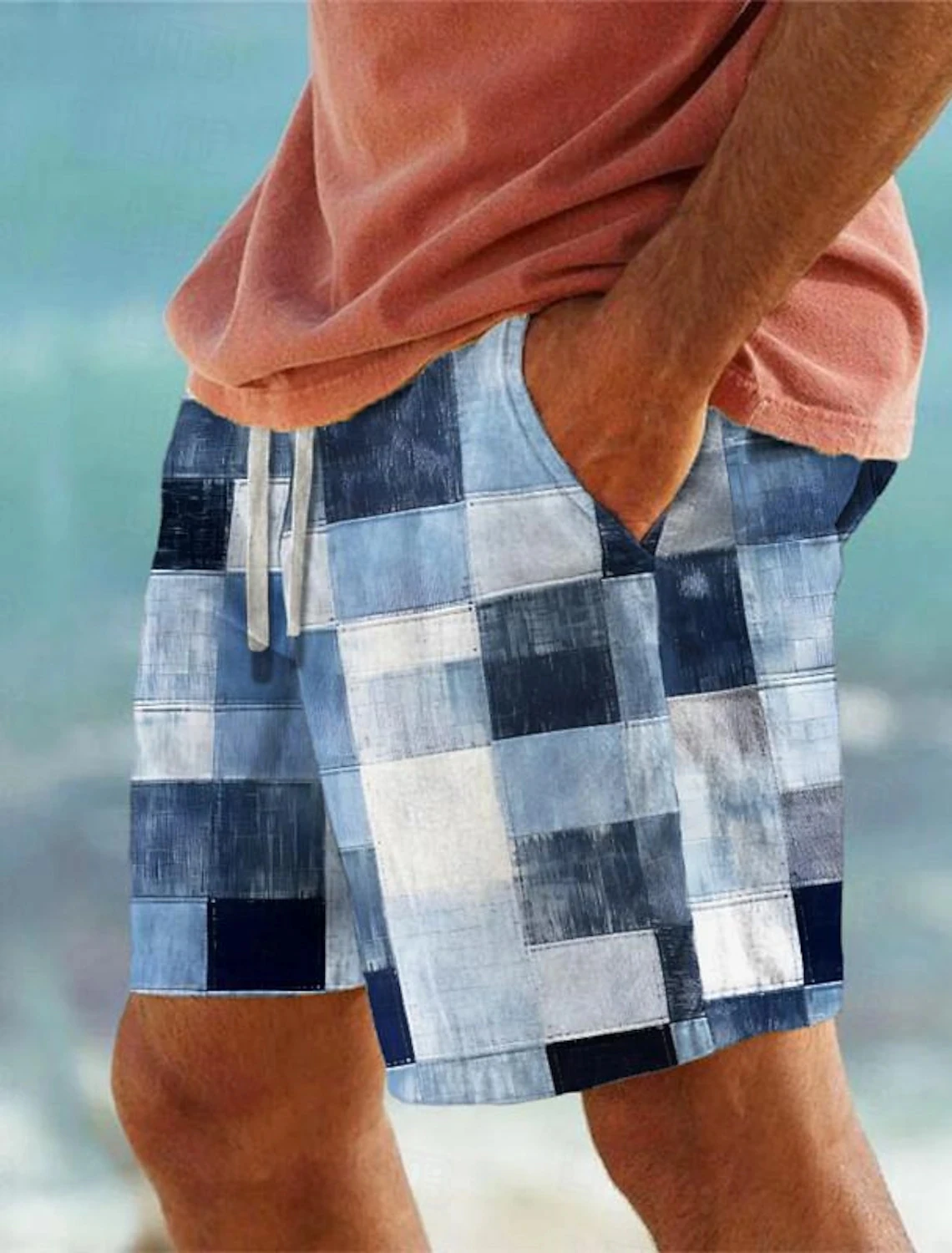 Men\'s Patchwork Plaid 3D Printed Beach Pants Summer Breathable Shorts Fitness Street Ropa Hombre