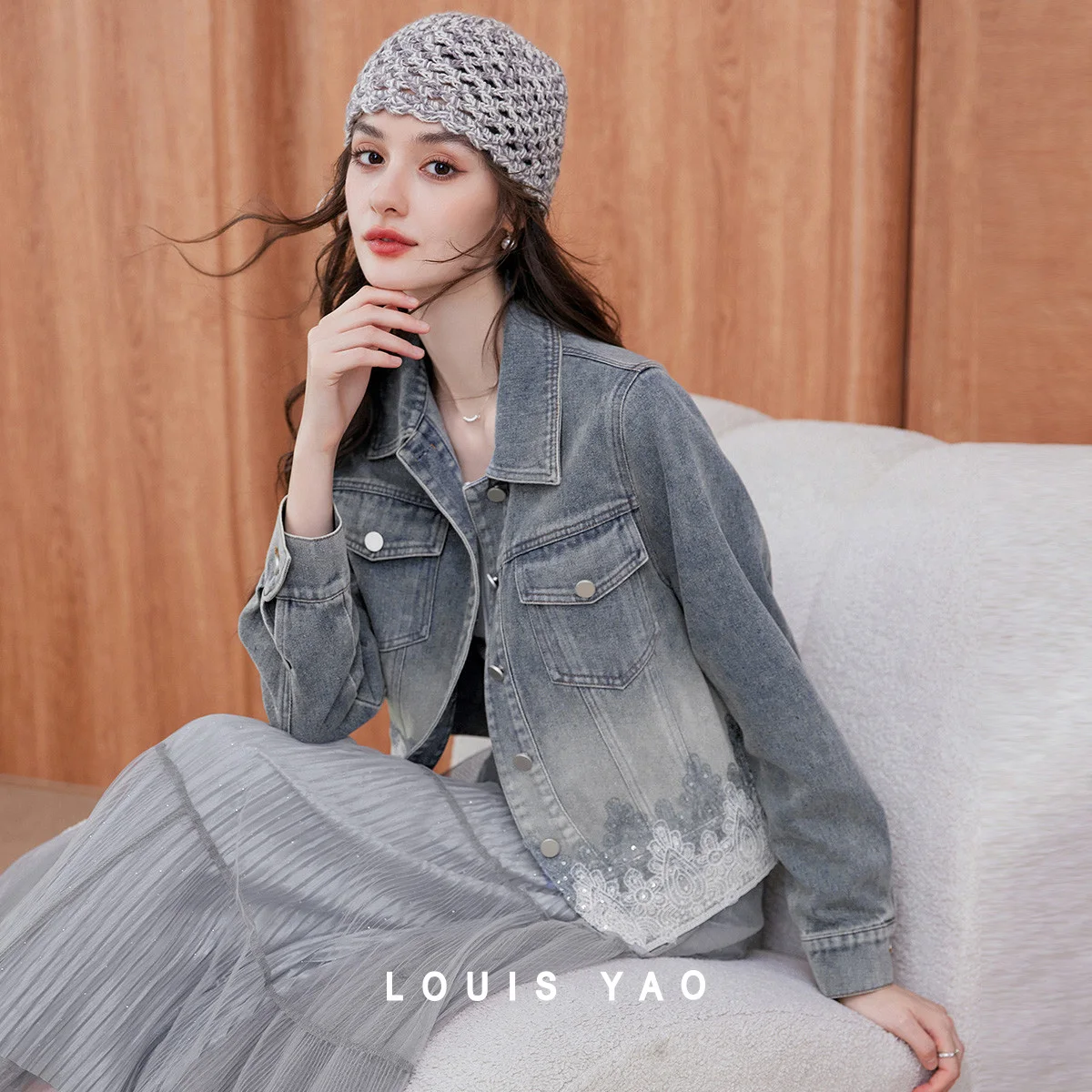 LOUIS YAO Women's Denim Jacket 2025 Autumn Coat Casual Straight-shoulder Sleeves Lace-trimmed Collar Women's Cardigan