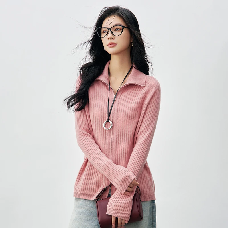 ฤดูใบไม้ผลิฤดูใบไม้ร่วง 100% ขนสัตว์ผู้หญิงเสื้อสเวตเตอร์ถักแขนยาวซิปความยืดหยุ่นสูงเสื้อกันหนาวนุ่มและBreathableคุณภาพสูงแฟชั่น