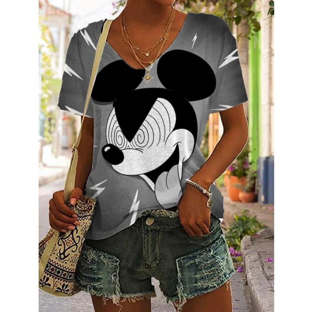 Summer New Women T Shirt Disney Minnie Mickey Mouse Print V-neck Short Sleeve Blouse Fashion Plus Size T-shirts For Women Top