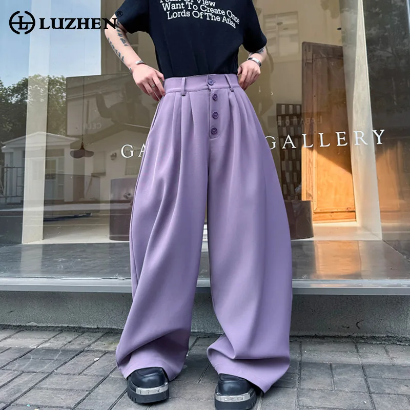 

LUZHEN Original High Quality Solid Color Pleated Baggy Buttoned Straight Casual Pants Men's 2025 New Wide Leg Trousers JY3459