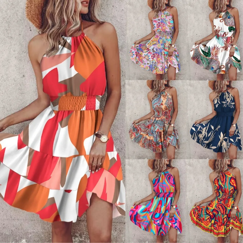 Summer Fashion Printed A-line Dress Womer Sexy Beach Style Sleeveless Backless High Waist Ruffle Edge Mini Dress Women 2024 New