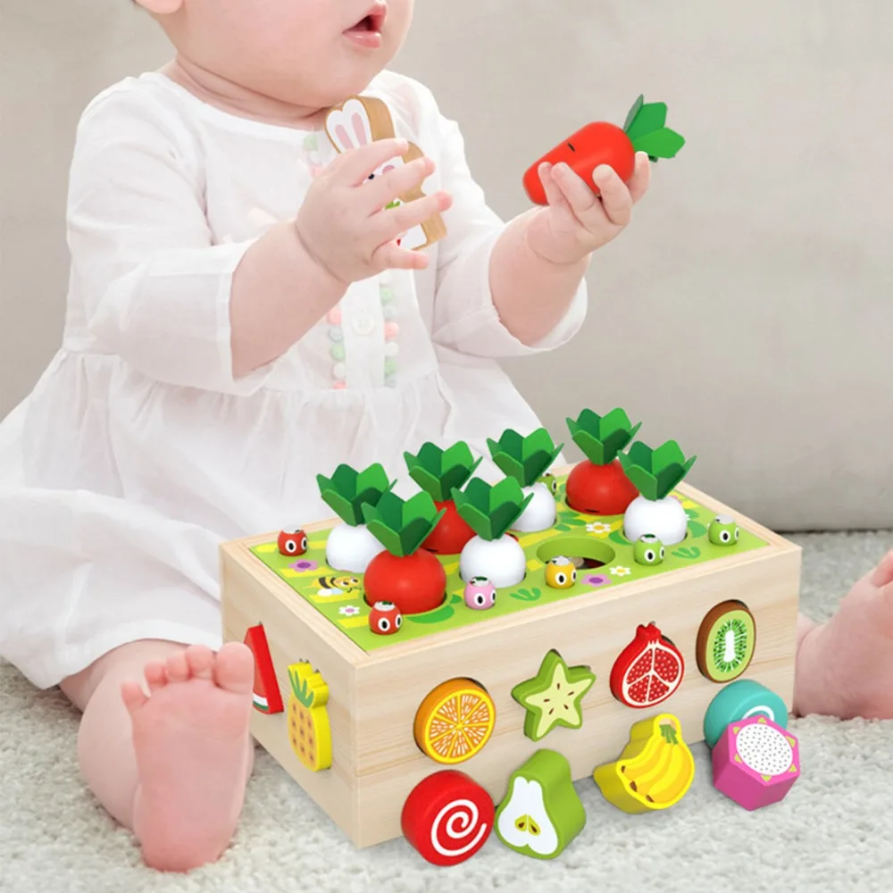 Creative Wooden Material Shape Sorting Carrot Pull Car Puzzle Wooden Car Multifunctional Montessori Orchard Shape Toddlers