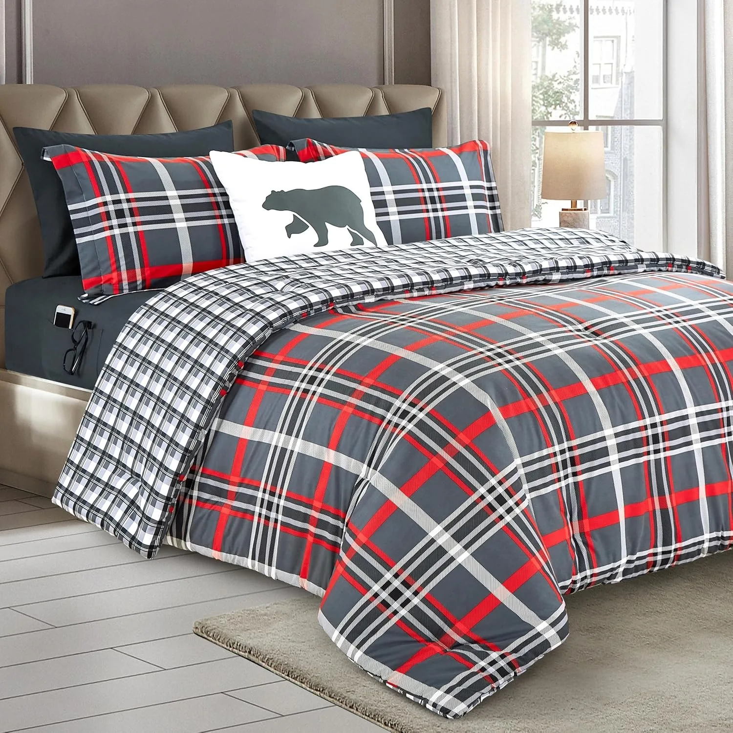 Lodge Plaid Reversible Comforter Set - All Season Bed in a Bag, 4-Piece Sheet Set Featuring Smart Pockets, Matching Shams and D