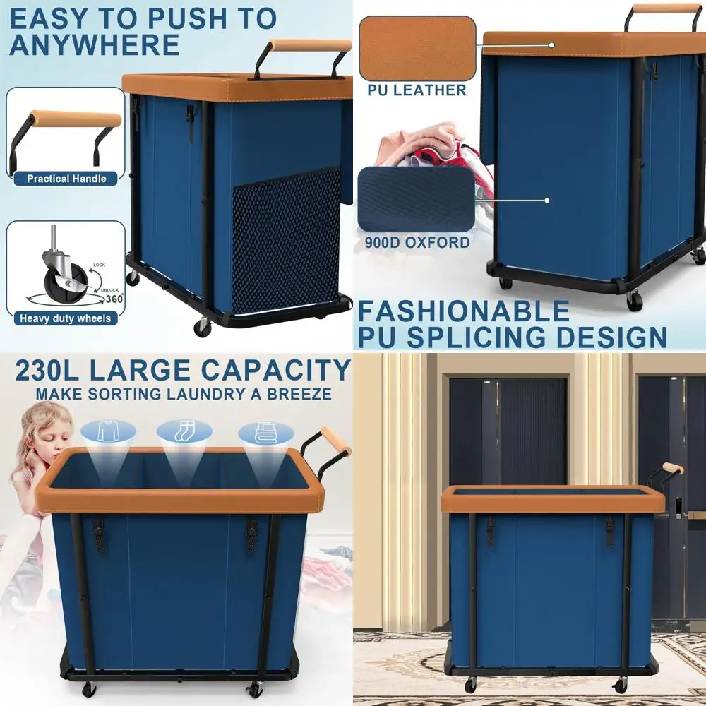 

Большой 3-секционный сортировщик белья на 60 галлонов с крышкой, вращающейся корзиной и металлическим каркасом темно-синего цвета