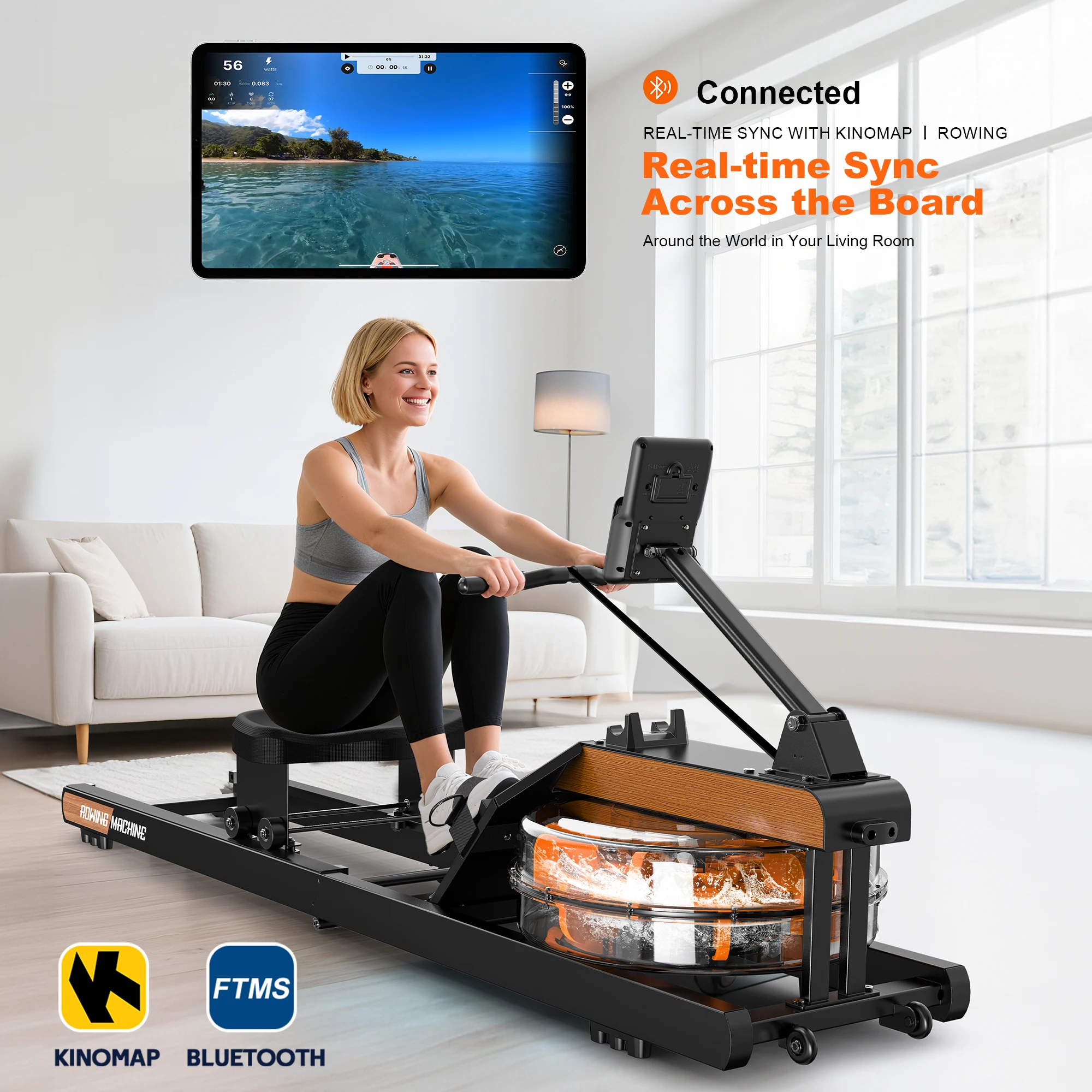 Picture 3: Rowing Machine for Home, Water Rowing Machine with Bluetooth Monitor, Foldable Rowing Machine Adjustable Tablet Holder