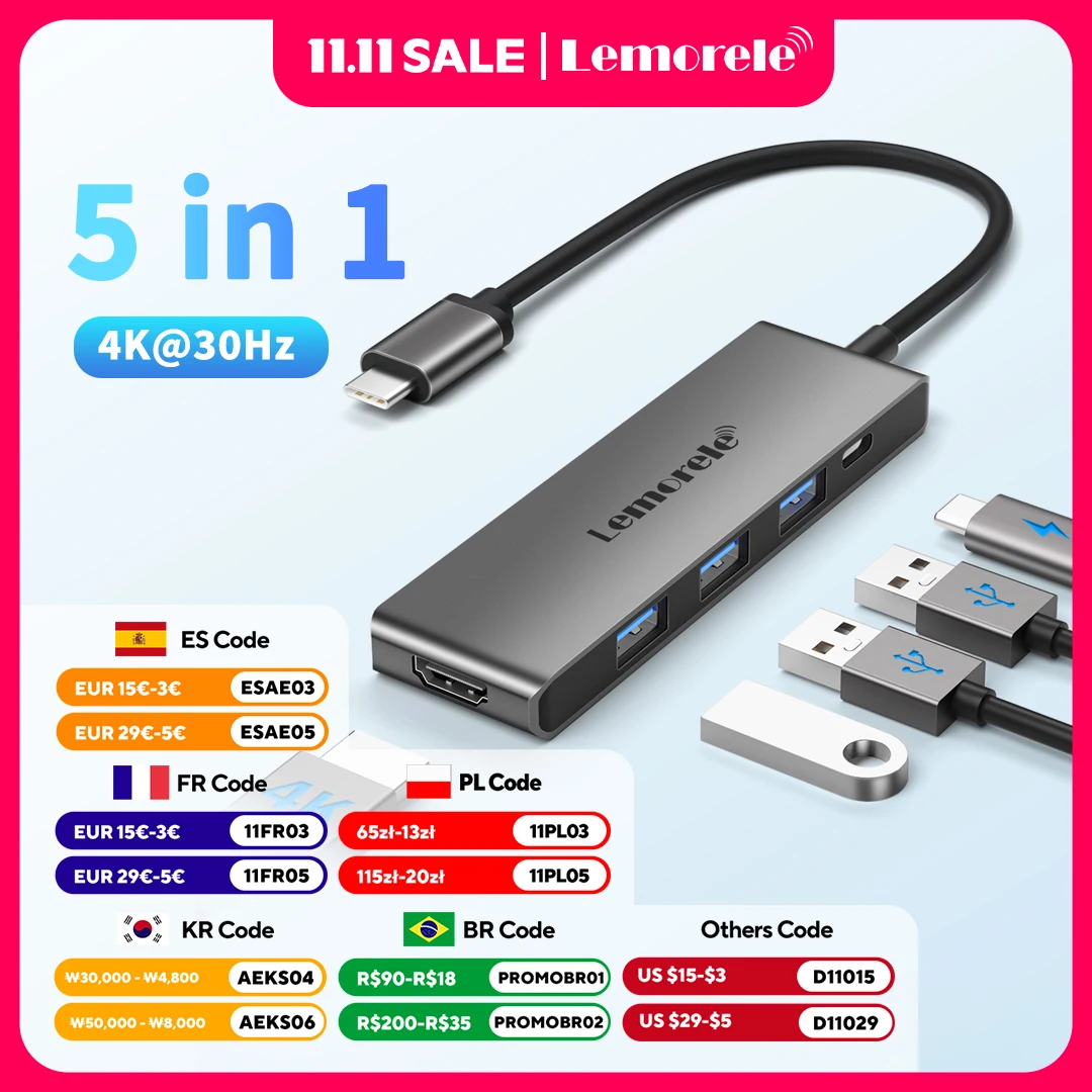 

Lemorele TC22 USB 3.0 Hub 5-in-1 ports USB C docking station Type C to 4K HDMI 2.0 power delivery 5Gbps write speed for laptop