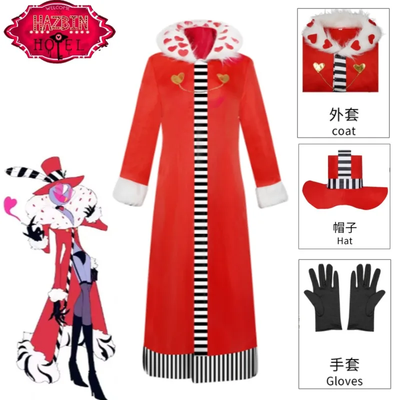 

Pimp King Valentino Cosplay Costume Hazbin Hotel Red Long Coat Hat Gloves Full Set with Claws for Men Halloween