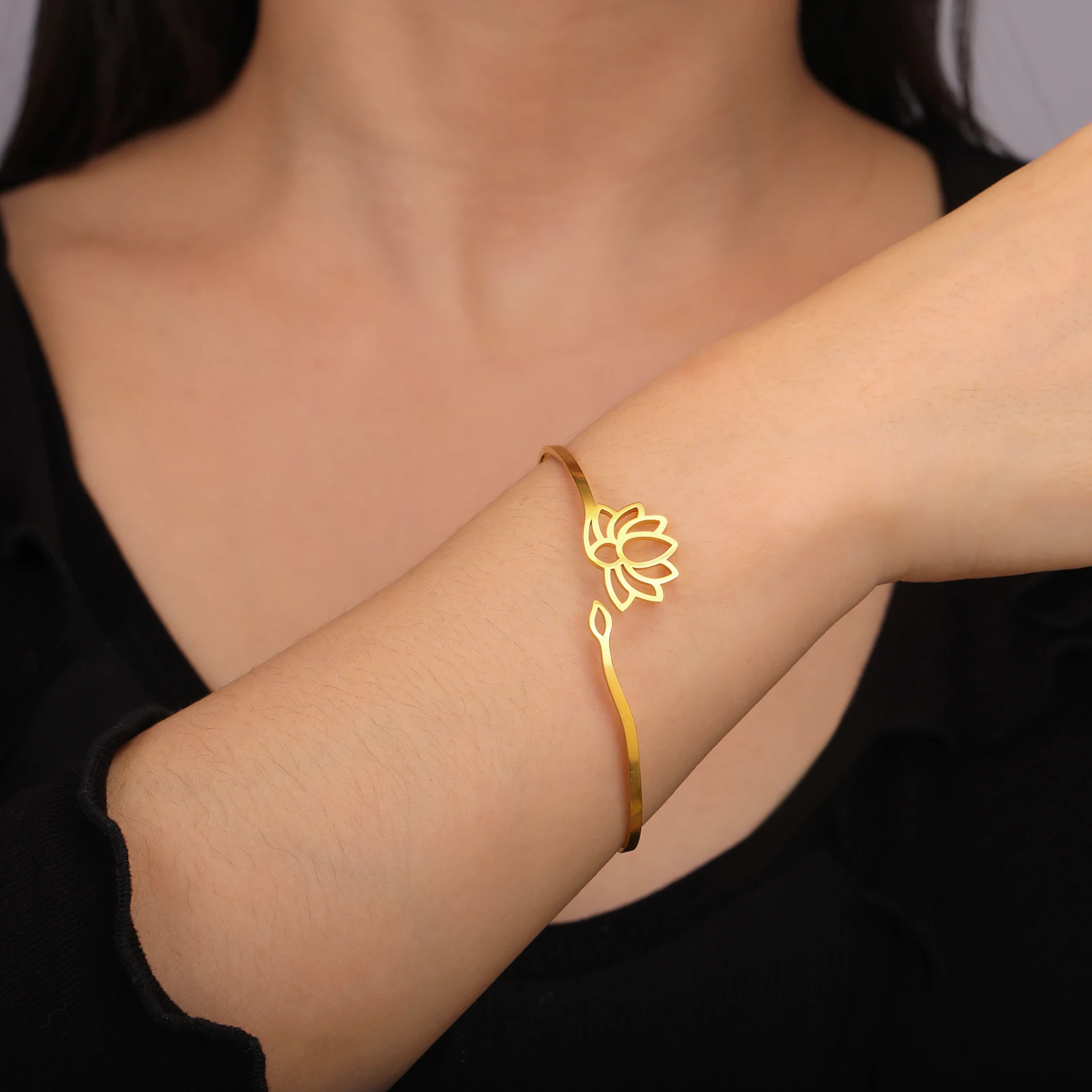 COOLTIME Lotusblume Offener Armreif Edelstahl Yoga Buddhismus Hindu Amulett Lotus Armreif Schmuck Geburtstagsgeschenk Neu – Detail 19