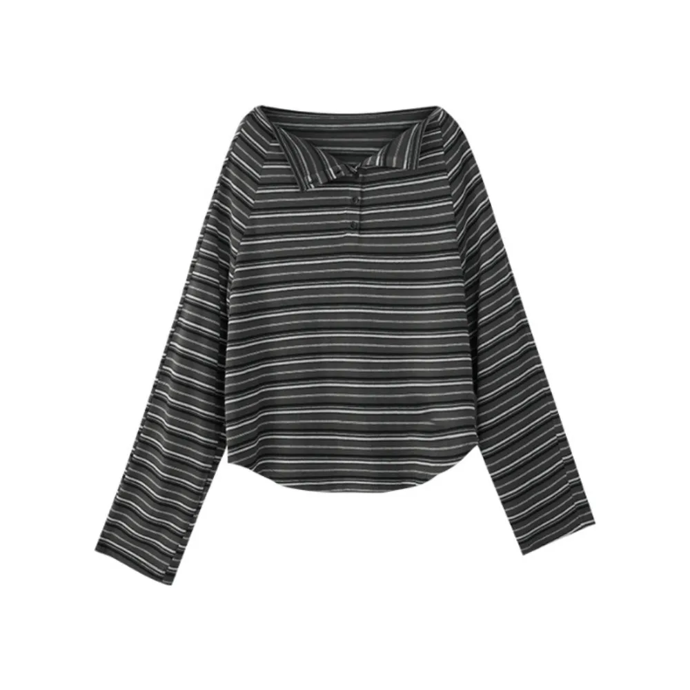 

Fashion Retro Stripe Long Sleeve T-shirt Irregular Loose Off Shoulder Top Chic Stylish Y2k Crop Tops Women Spring