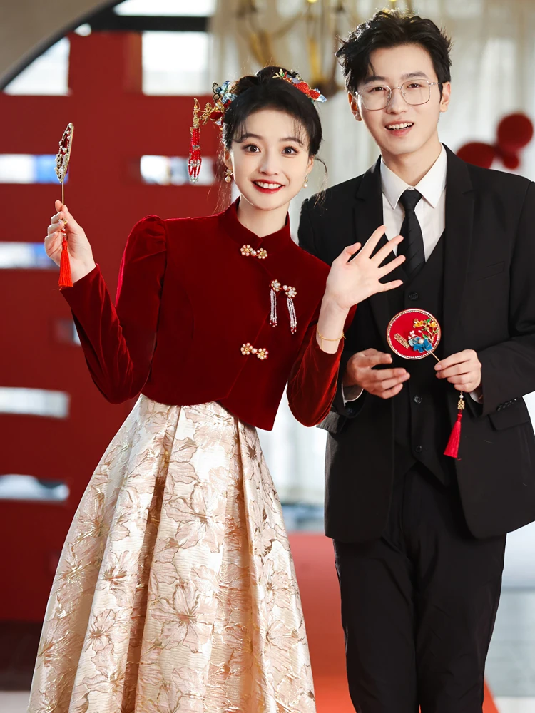 

Новое свадебное платье 2025 года в китайском стиле, подарок для невесты, женское платье с молнией, винтажное, с жемчугом, со средней талией, А-силуэт, юбка