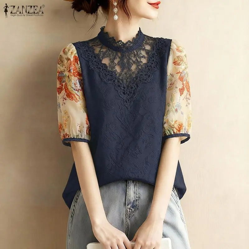 

Элегантные кружевные блузки ZANZEA с цветочным принтом и воротником-стойкой, шифоновые топы с пышными рукавами, летняя женская одежда 2026, размер 3XL