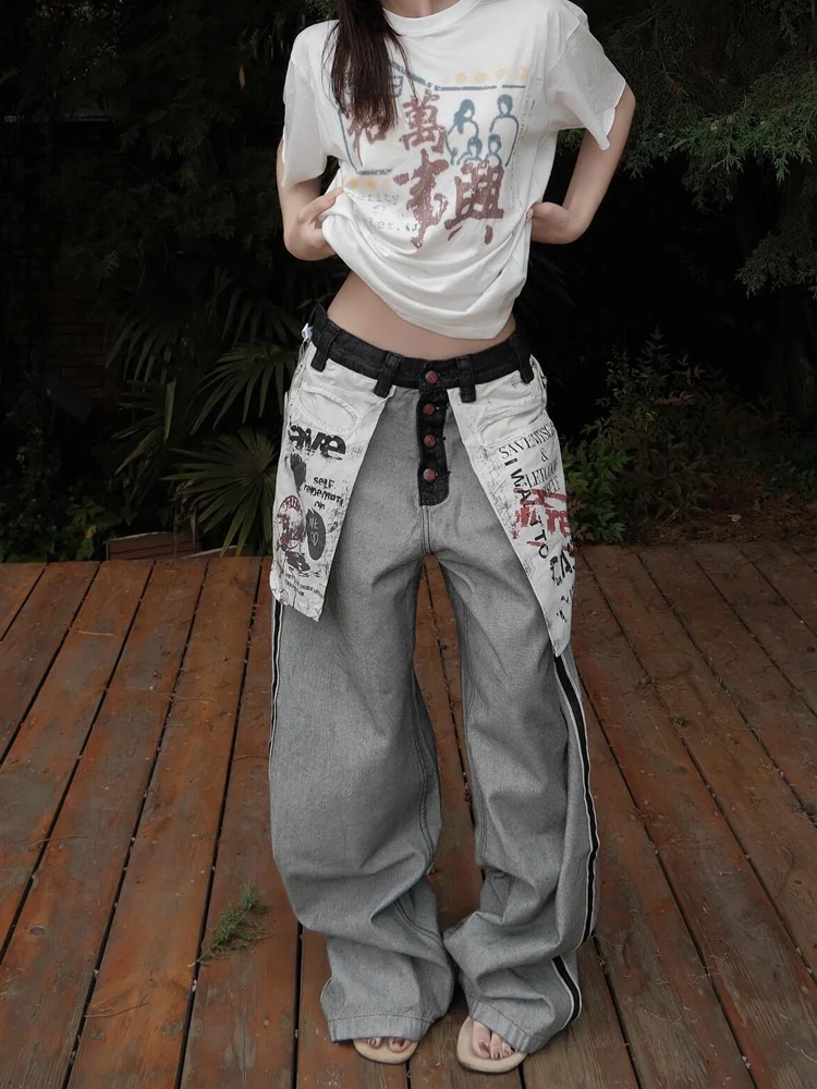 

American Street Retro Wide Leg Denim Jeans Men's Design Sense Large Pocket Print Loose Straight Floor-Length Pants