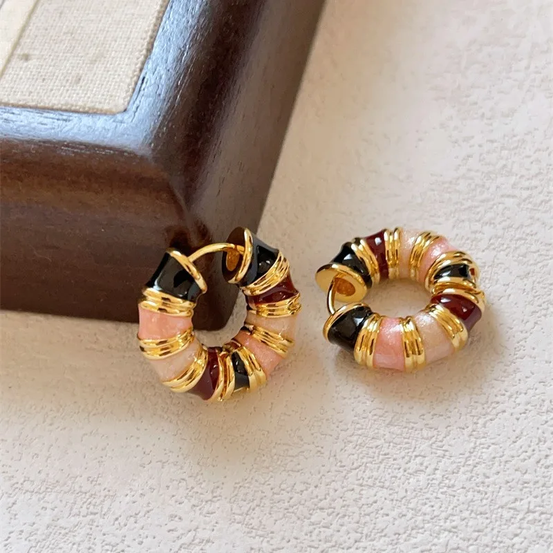 Kshmir French Retro Colorful Enamel Round Gold Color Ear Buckle Earrings for Women Fashion Jewelry Accessories 2023 New