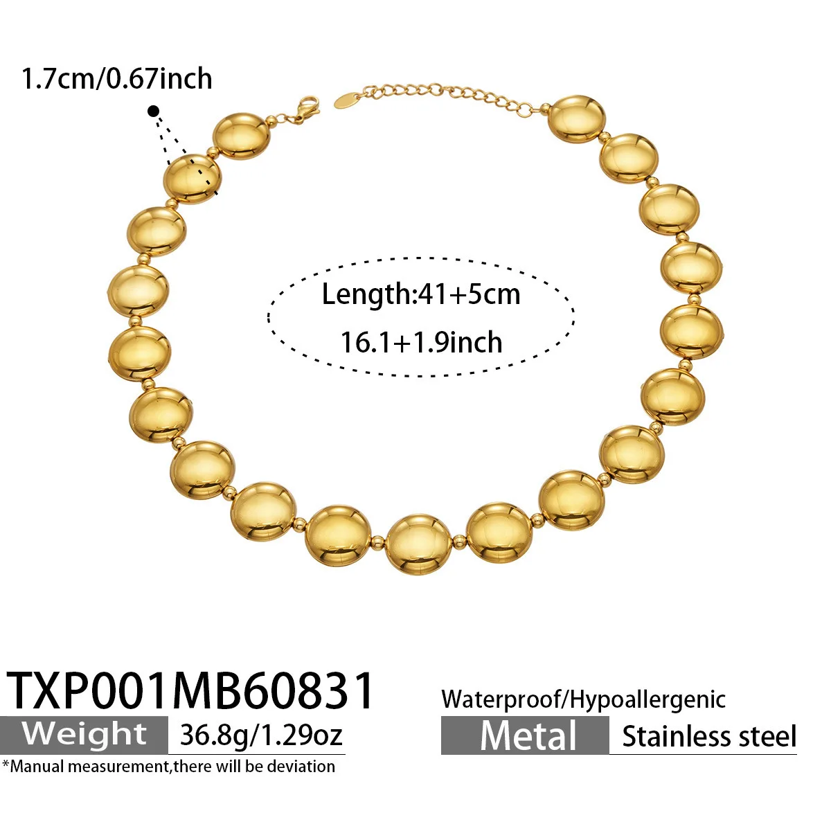 Chunky Runde Scheiben-Perlenkette und Armband, 18K Vergoldetes Edelstahl-Schmuckset für Damen – Detail 7