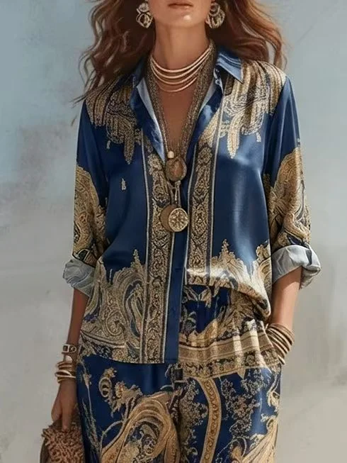 

Women Printed 2 Piece Set Spring Long Sleeve Shirt and Wide Leg Pants Casual Boho Outfit New in Turn-down Collar Button Suit