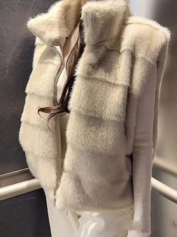 Winter Chic Luxury Fake Fur Vest Women's Zipper Sleeveless Stand Collar Warm Outerwear Short Style Straight Tube Shape