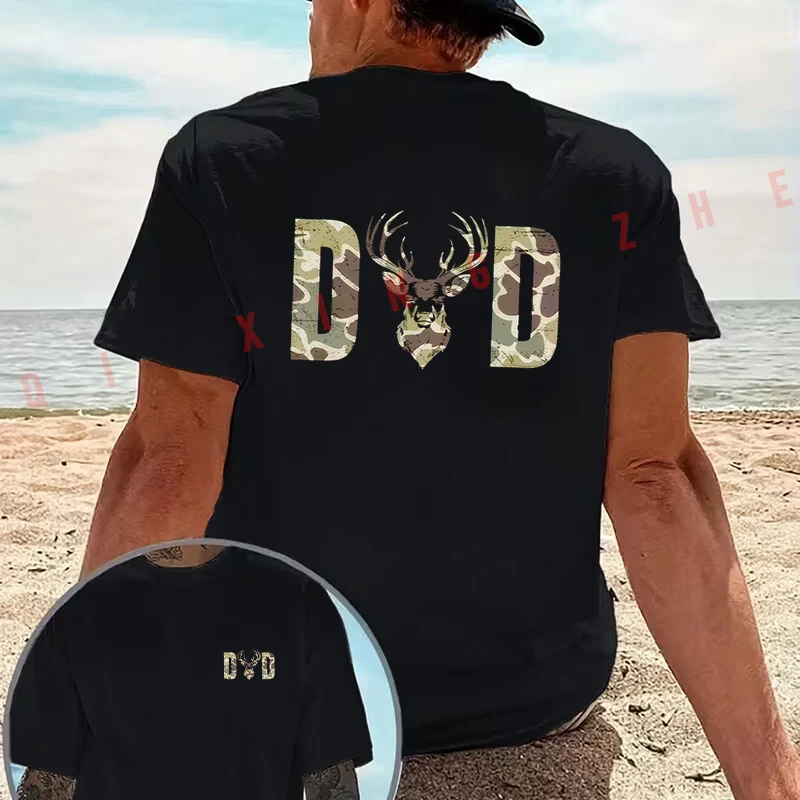 Camo Deer Head DAD Hunting Dad graphic motorcycle T-Shirt Cotton Double-Sided Print Men‘s Casual Short Sleeve Summer O-neck Tops