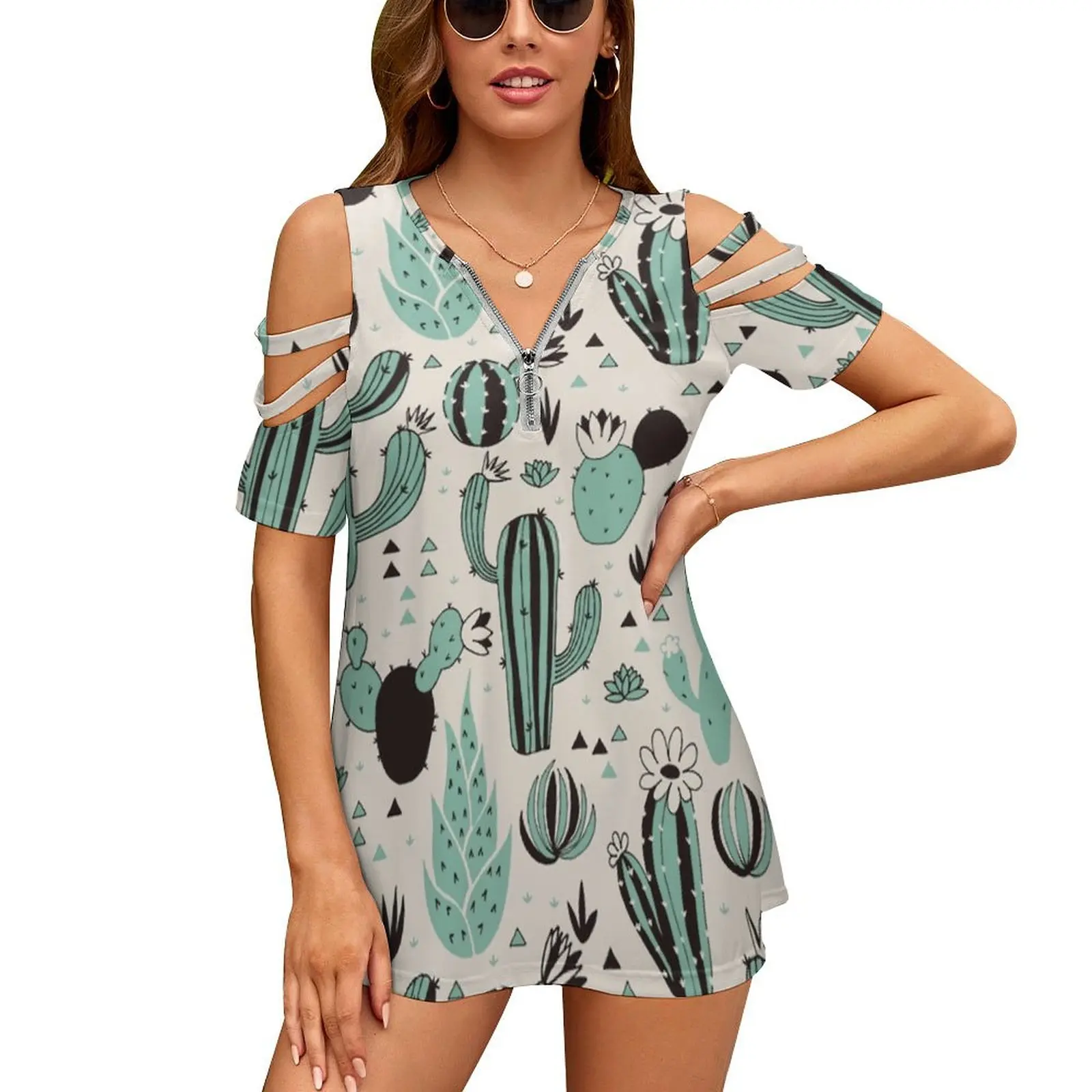 Cacti New Fashion Zip Off Shoulder Top Short-Sleeve Women Shirt Hand Drawn Love Vector Flower Cactus Aloe Desert Green Pot