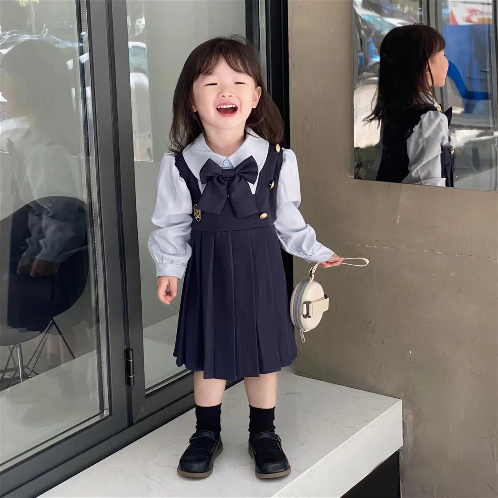 Girls Dress Korean Fashion Dress for Girls Spring 2024 New Casual Long-Sleeve Dresses British Style School Uniform Girl Clothing