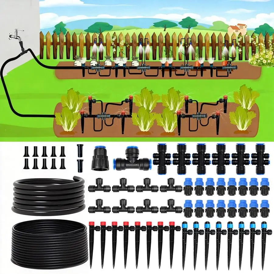 

Комплект для капельного орошения 230 футов, система полива для сада с быстроразъемными соединениями 1/2 и 1/4 дюйма, 32 регулируемых капельных эмиттера