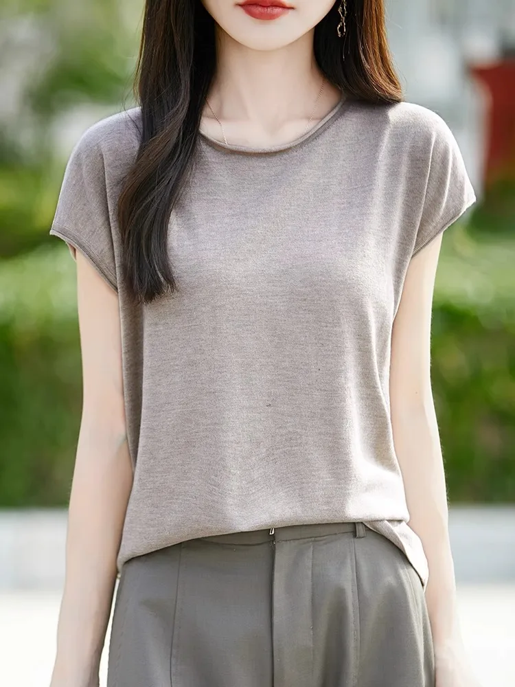تي شيرت Ele بسيط محبوك مستدير Ne تي شيرت نسائي فضفاض للتخسيس ort Sve Top Commute Sle لون نقي صيفي Faion